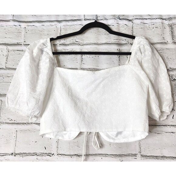 Blanc White Puffy Short-Sleeved Lace-up Cropped Blouse Womens Size Large Eyelet - Picture 3 of 8